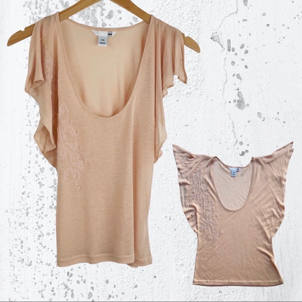 H&M Blush Deep Scoop Neck Top with Pearl Beaded Embroidered Design